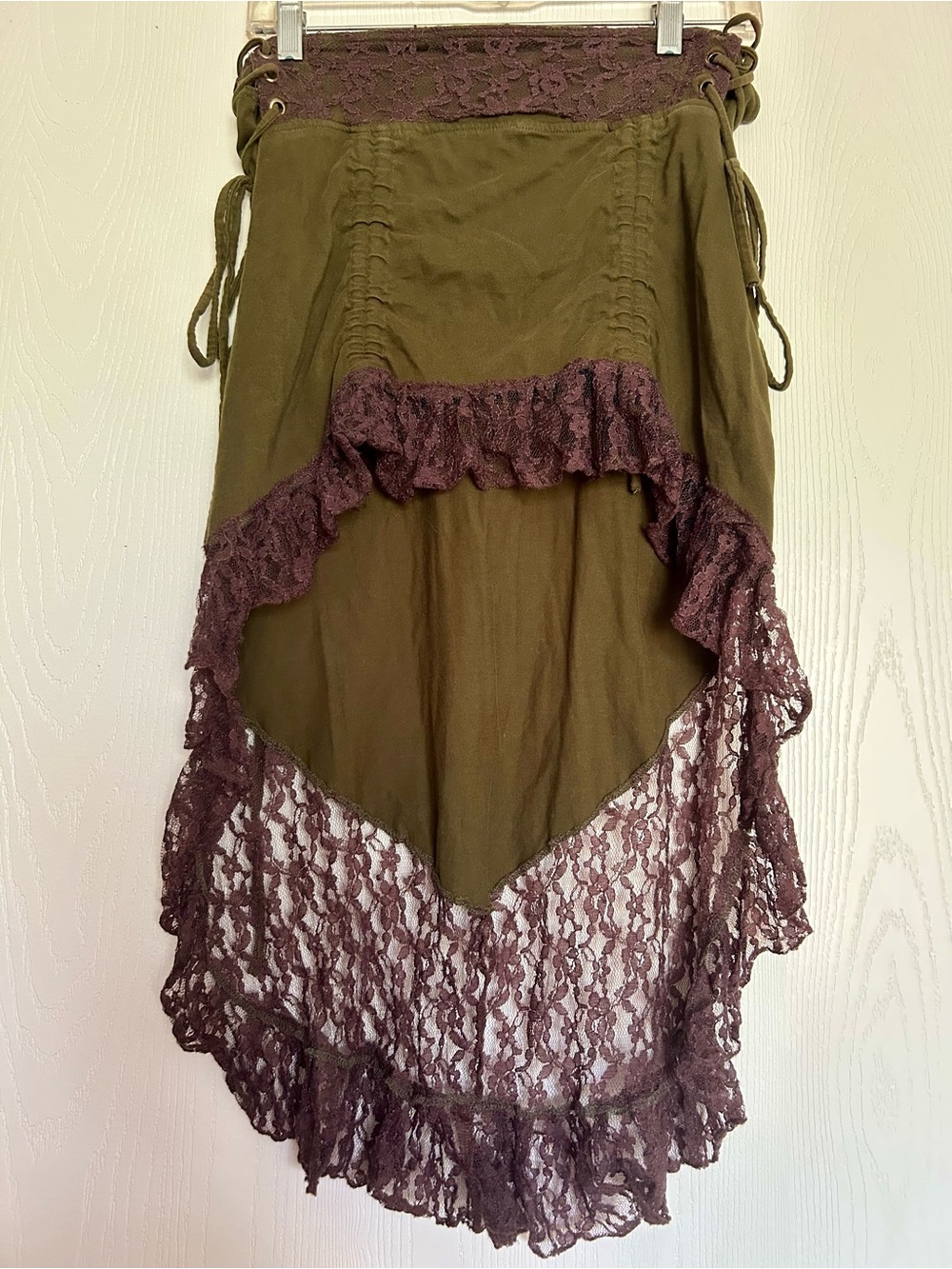 Olive Green Lace High-Low Skirt with Brown Lace Trim